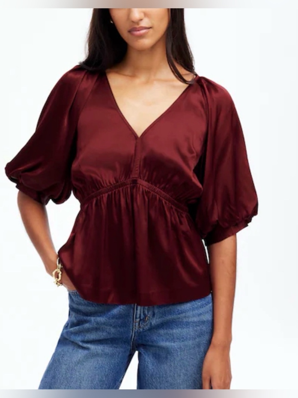 Madewell - Shirred Puff Short Sleeve Burgundy Deep V Neck Blouse Size Small